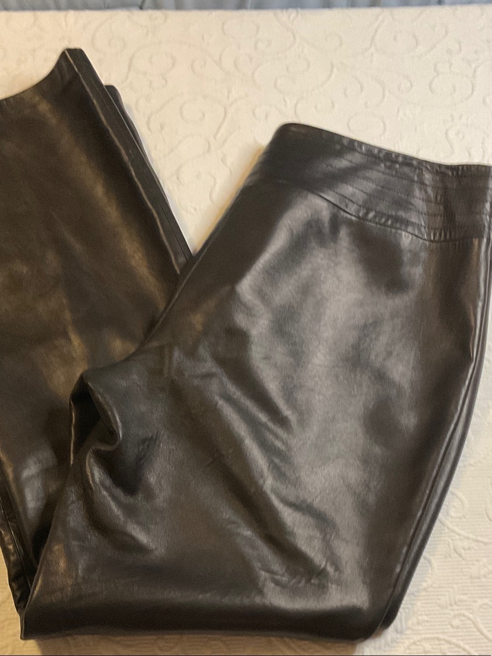 Context Vintage Black Leather pants. Lining is nylon blend. Size 16.